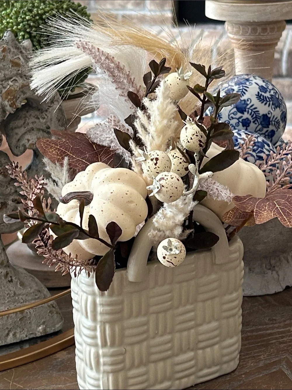 NEW! Shabby Chic Fall Harvest Floral Pumpkin White Ceramic Basket Centerpiece